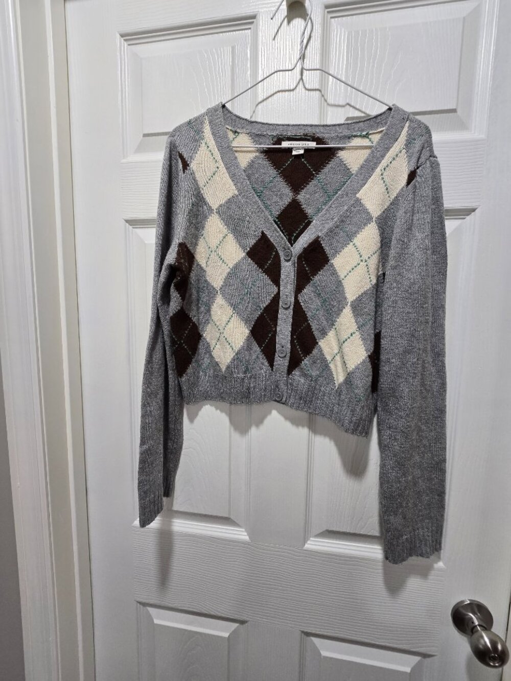 American Eagle Argyle Button Crop Cardigan Sweater M Dark Academia Preppy Y2K